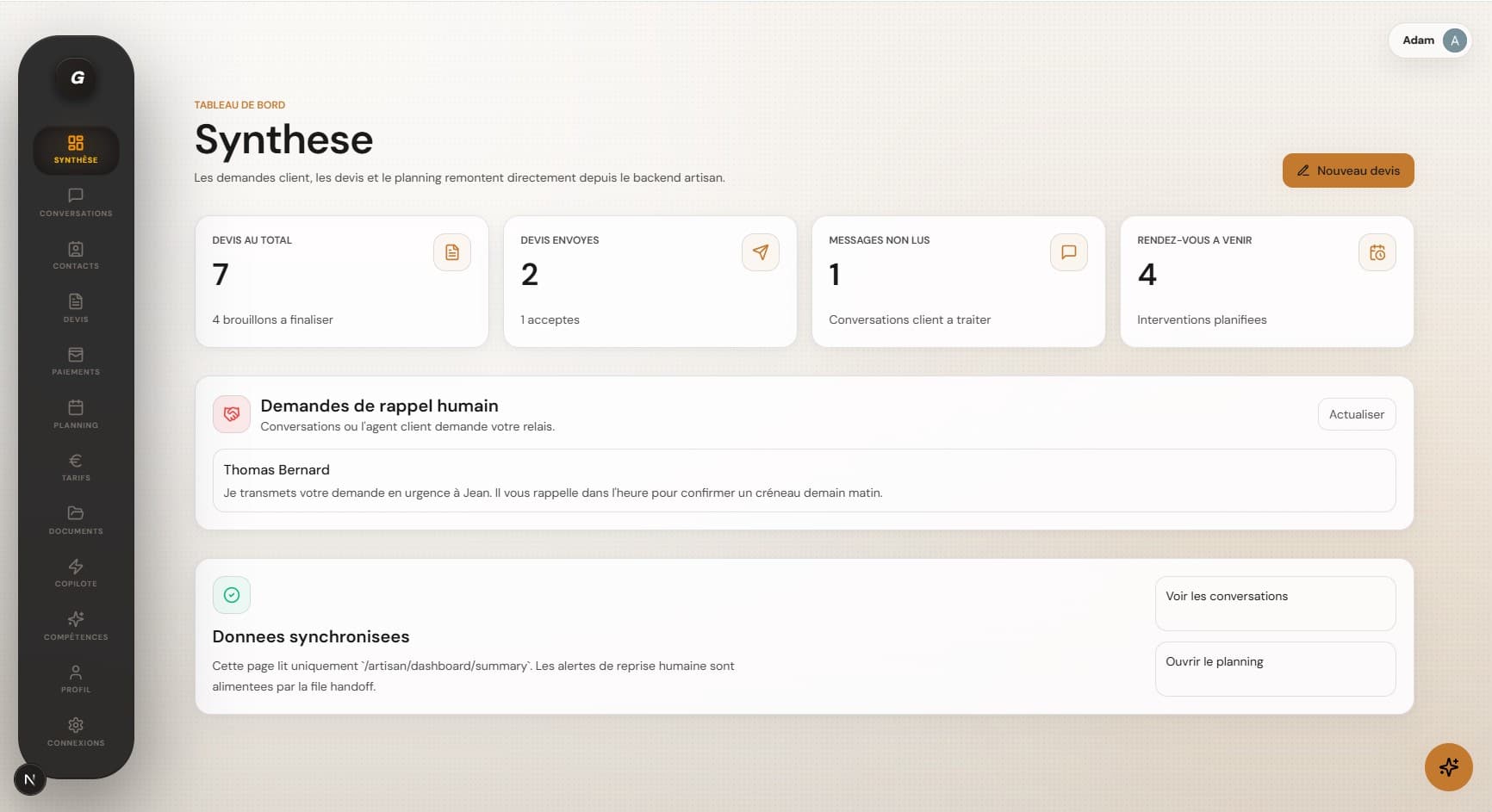 Tableau de bord Ouvrely avec les chiffres clés du mois