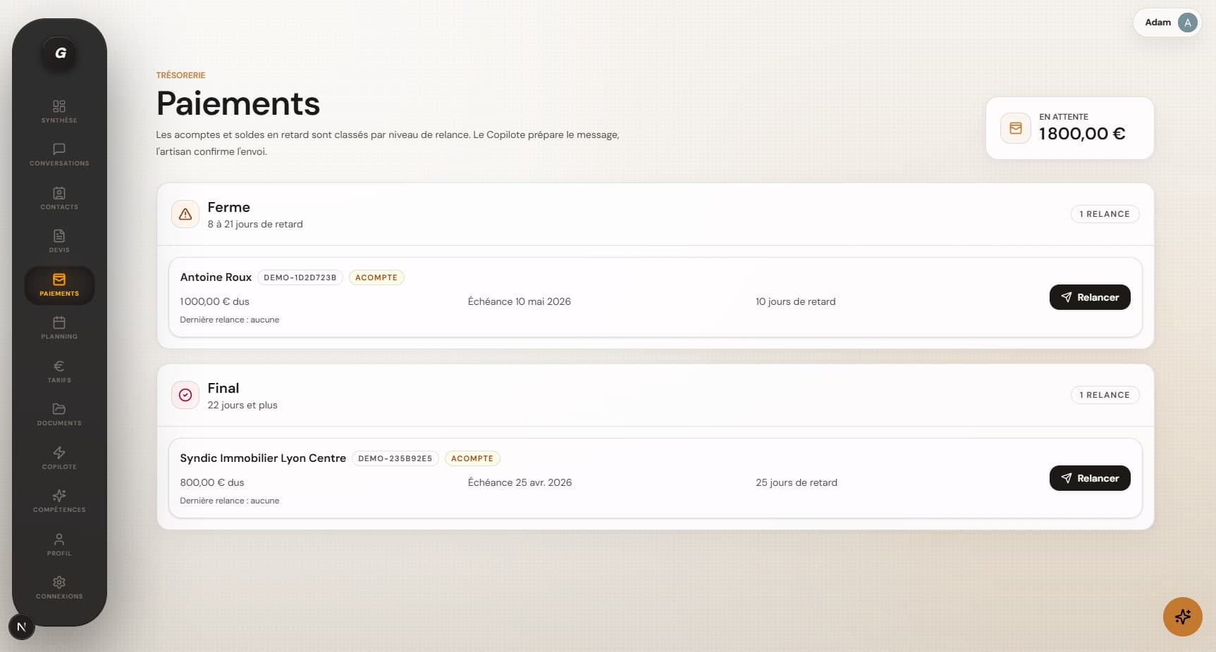 Page Paiements montrant les relances classées par niveau de retard